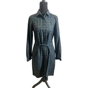 Brooks Brothers Cotton Plaid Button Down Tie Shirt Dress Size 4 Black Green